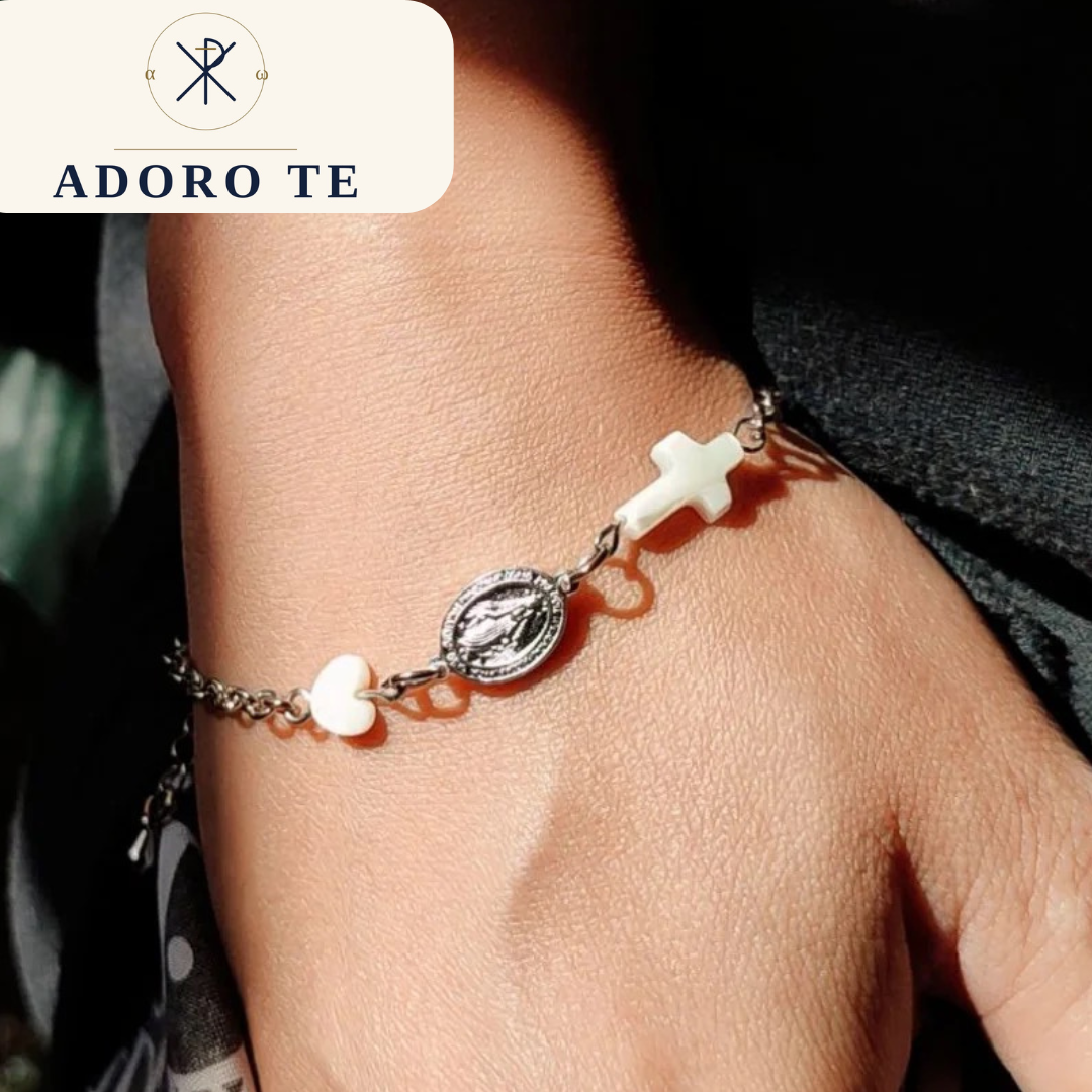 Stainless Chain Bracelet with Miraculous Medal & Mother of Pearl Charms