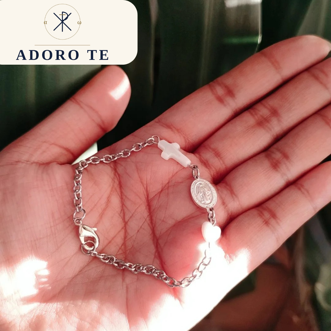 Stainless Chain Bracelet with Miraculous Medal & Mother of Pearl Charms